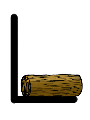 A wooden log positioned horizontally next to a vertical stick, forming an L shape.